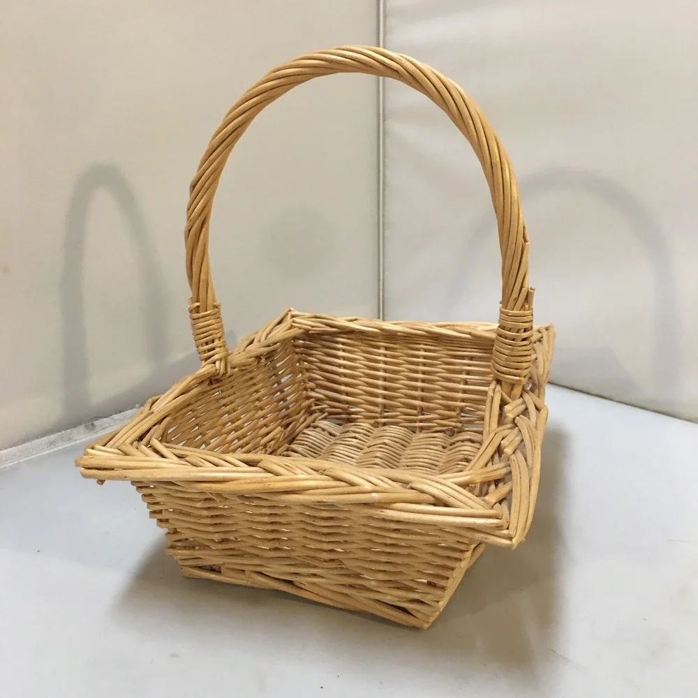 Wicker Gift Basket Rectangular Tan Small Woven Wood with Handle Berry Gathering